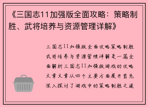 《三国志11加强版全面攻略：策略制胜、武将培养与资源管理详解》